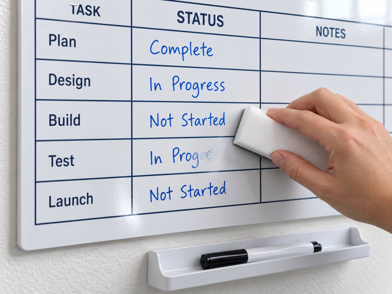 Hand erasing writing from a representative custom dry-wipe planning board