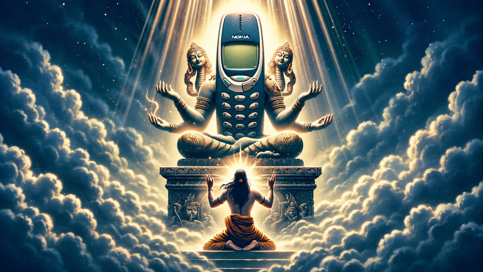 Playful Almighty Nokia illustration with a classic keypad phone in a theatrical godlike scene