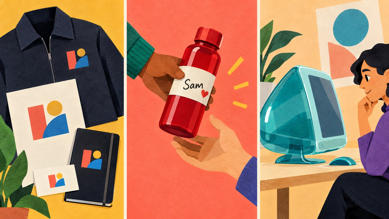 Illustrated examples of consistent identity, personal invitation and a distinctive product