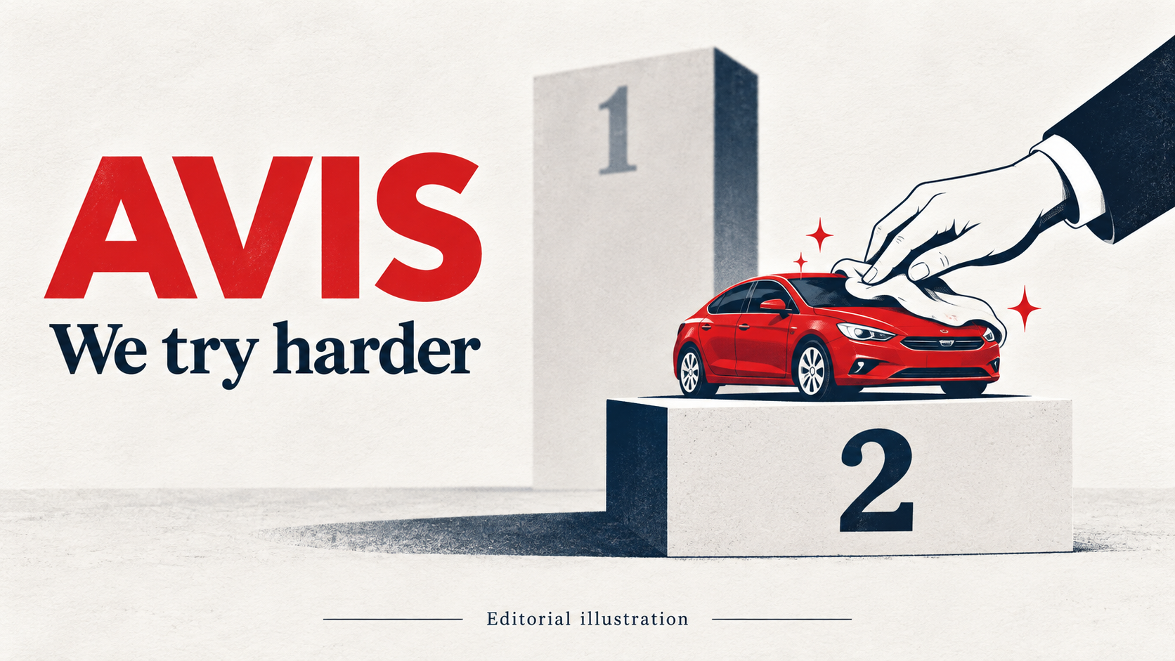 Original editorial illustration of the Avis slogan and a car being polished on a second-place podium.