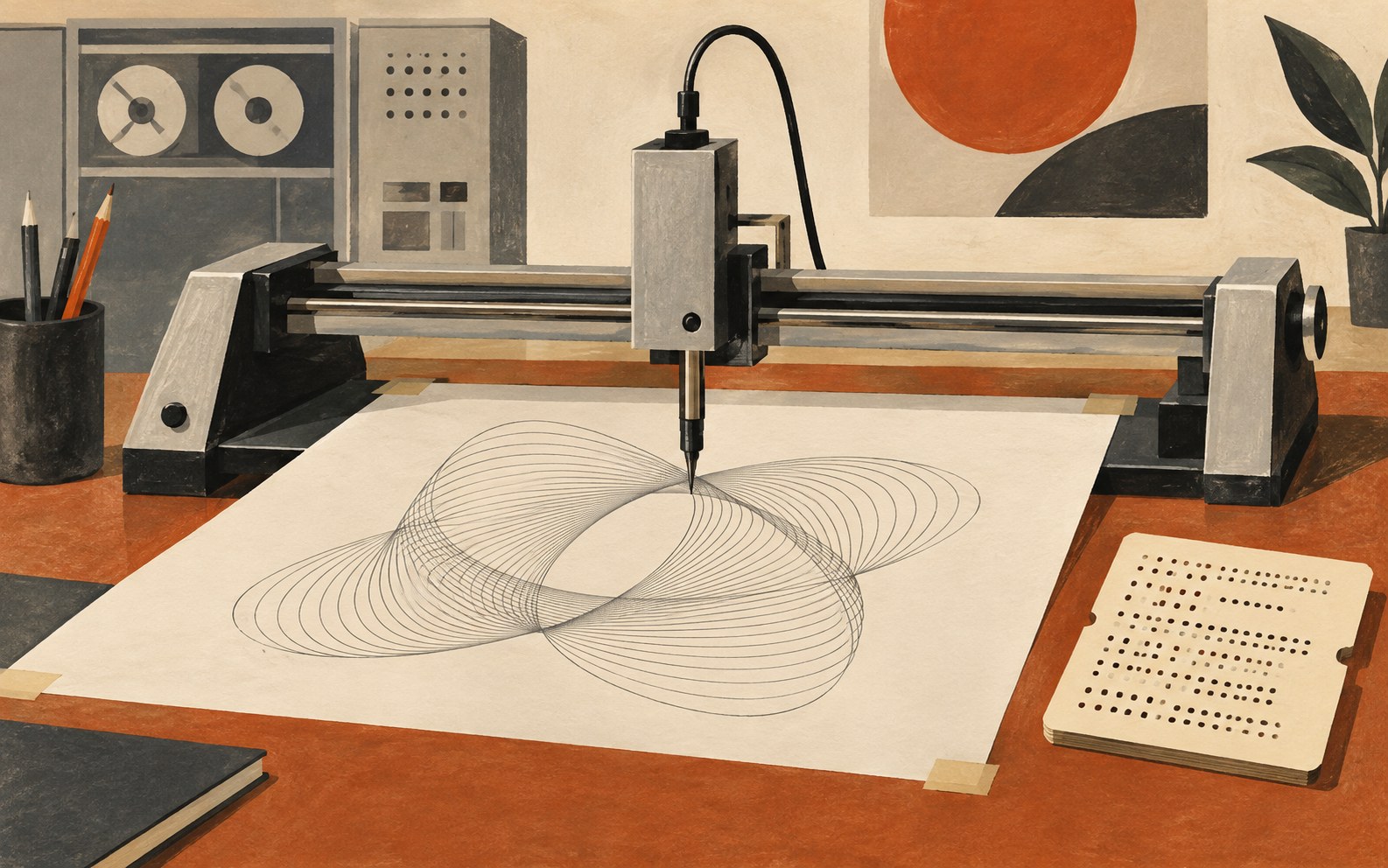 Contemporary illustration of a pen plotter drawing geometric lines from code.