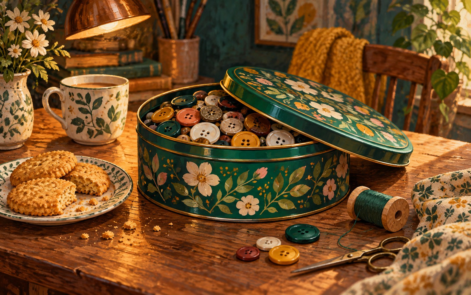 Illustrated biscuit tin reused to hold sewing buttons.