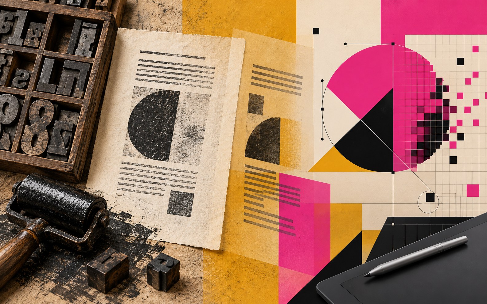 Original illustration progressing from movable type and paper to vector shapes and pixels.