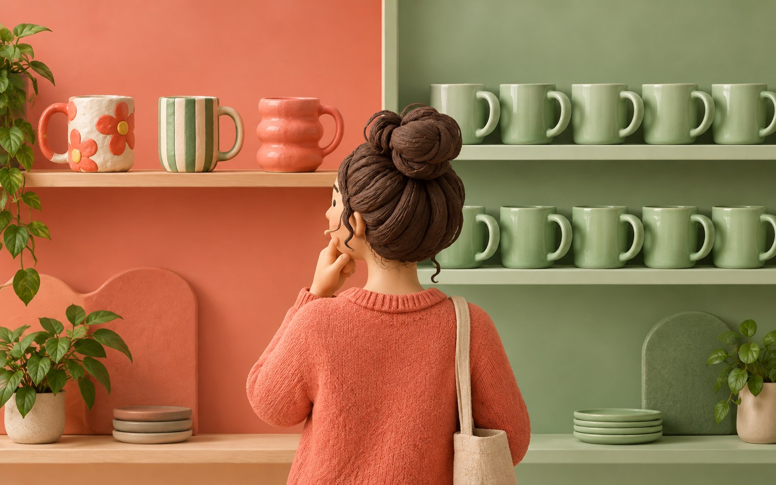 Illustrated shopper comparing three distinct mugs with a larger similar selection.