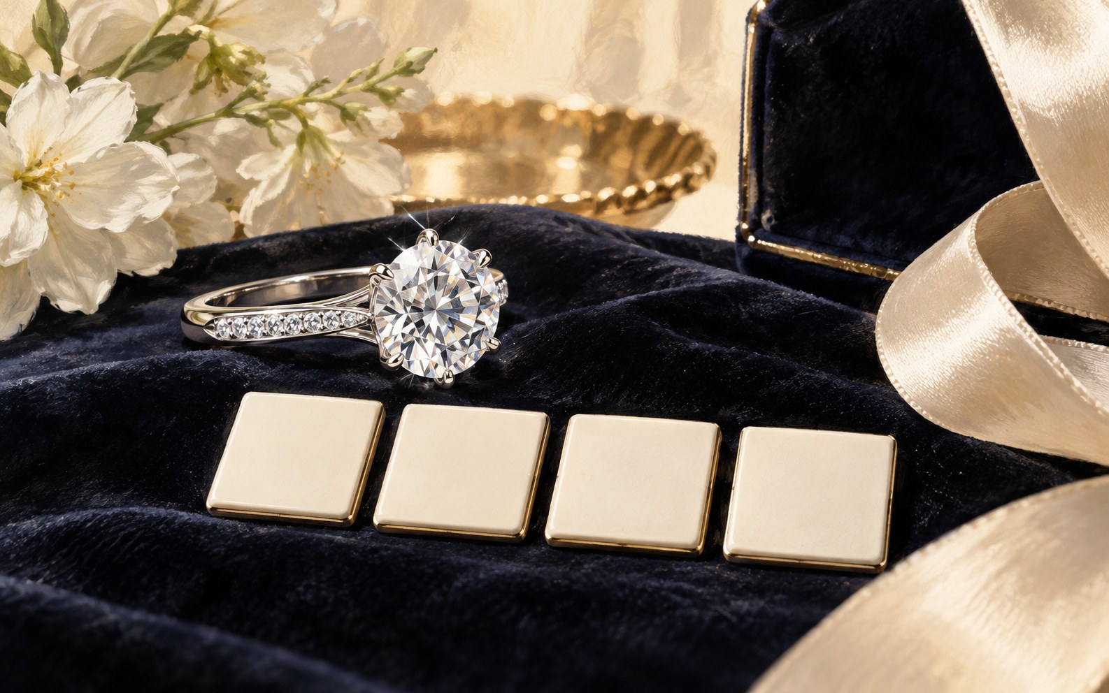Illustrated diamond ring beside four blank word tiles.