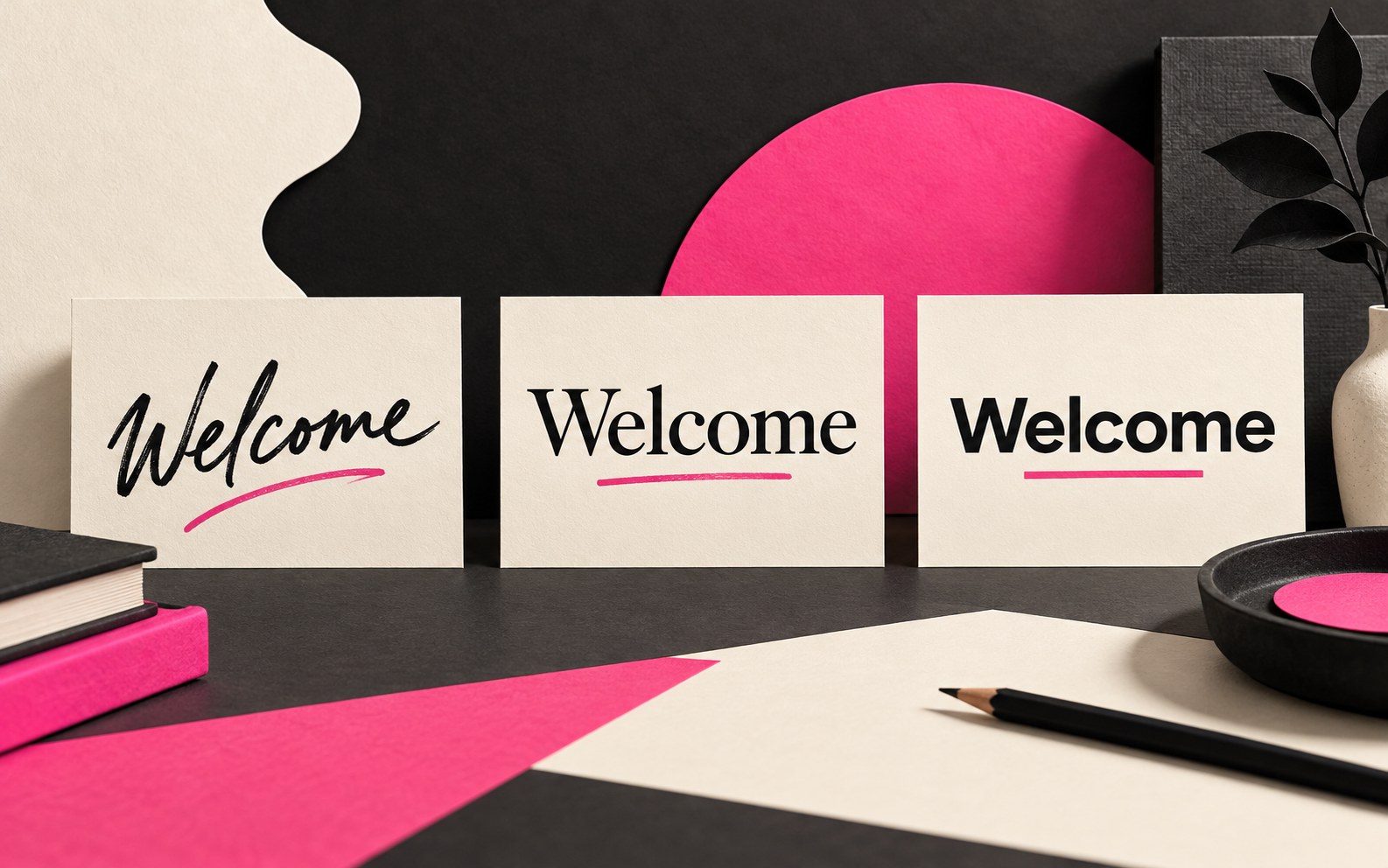 Welcome set in handwritten, serif and sans-serif styles.