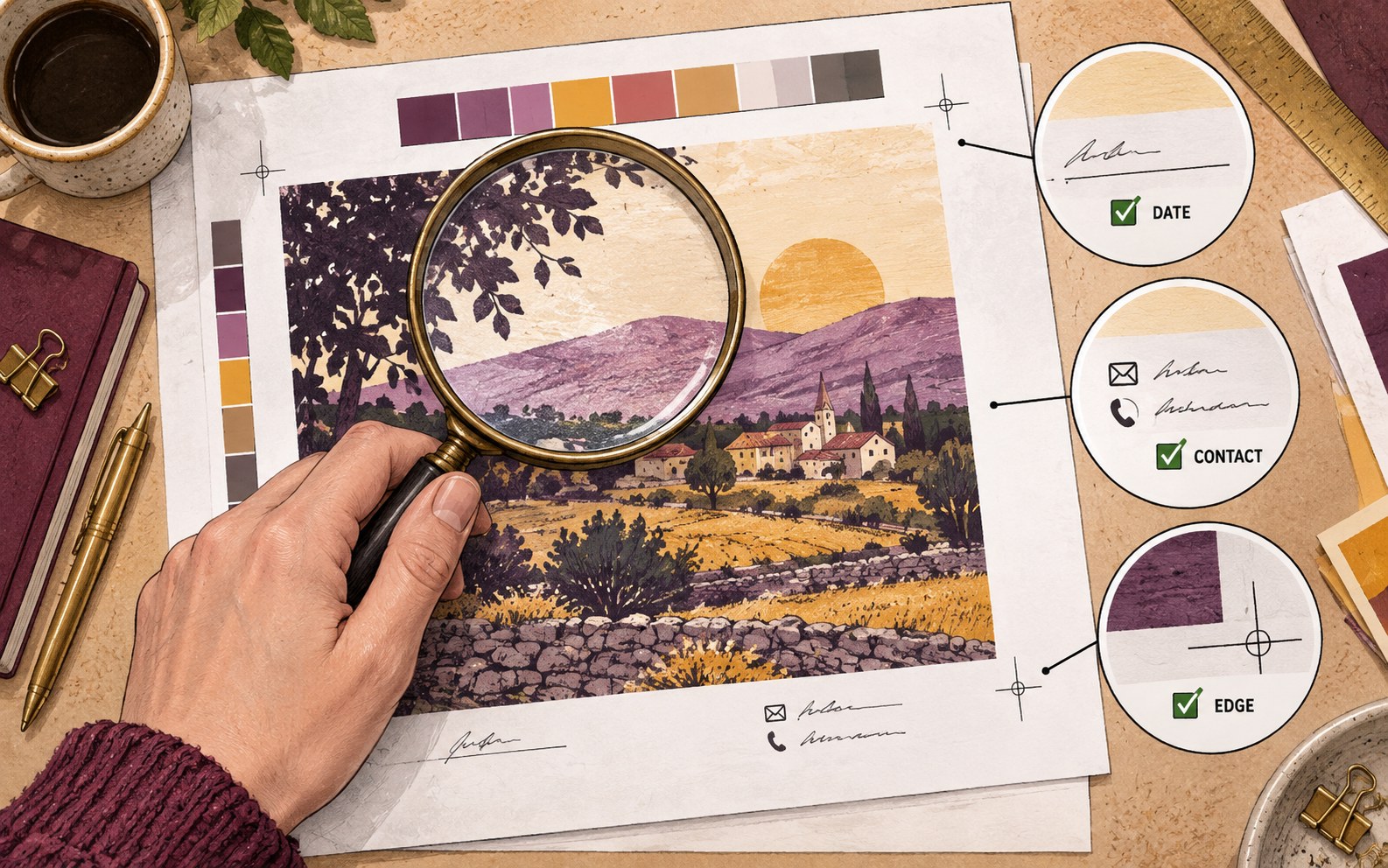 Illustrated print proof with date, contact and artwork-edge checks.