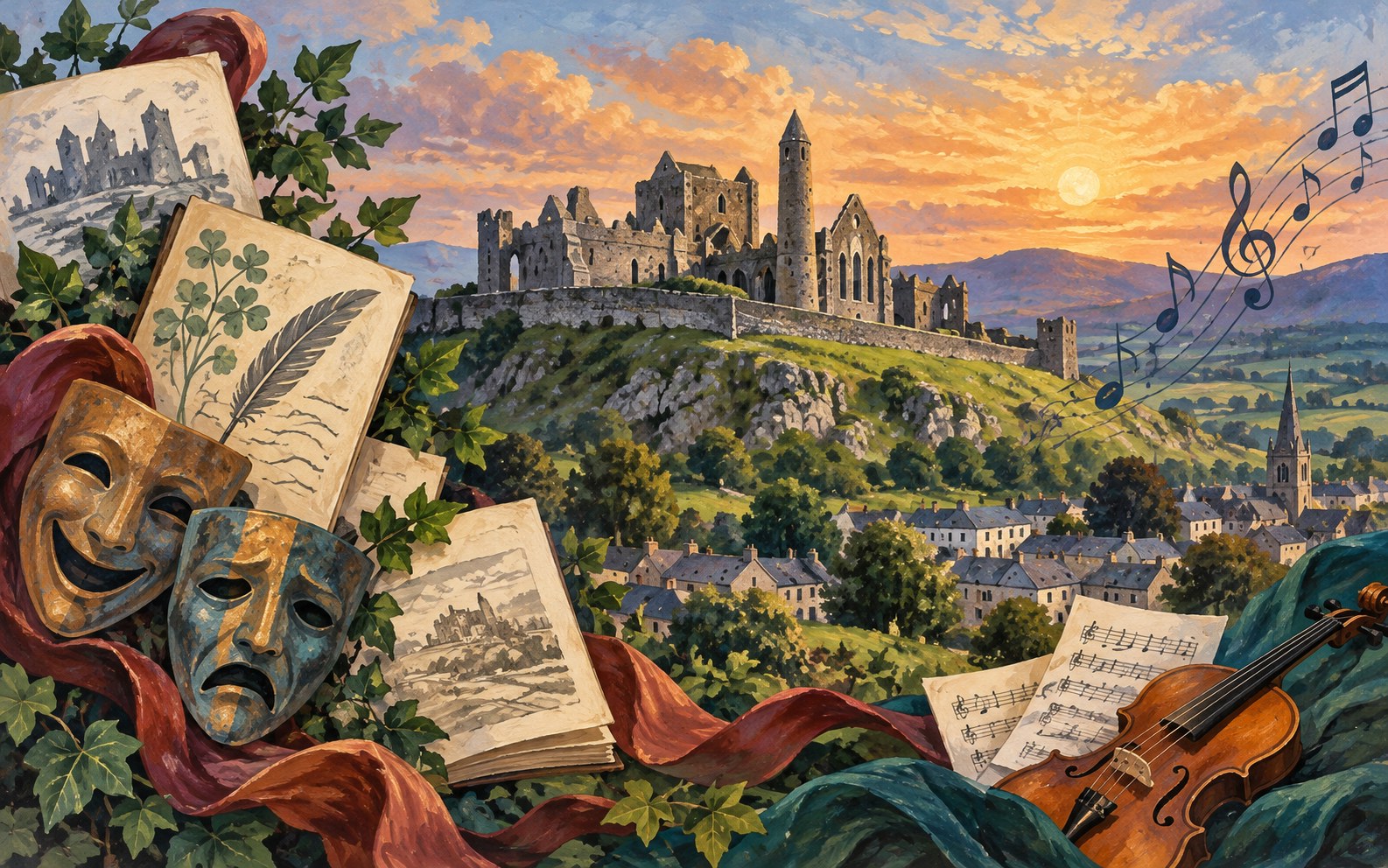 Artistic interpretation of Cashel's landmark with theatre and music motifs.