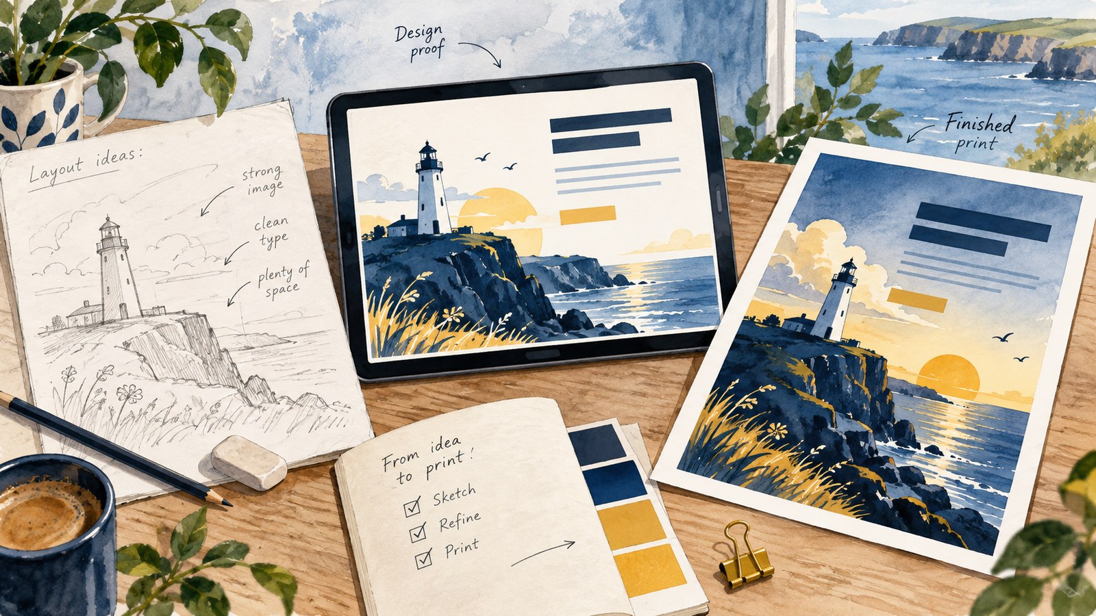 Illustration of a rough layout developing into a finished printed design.