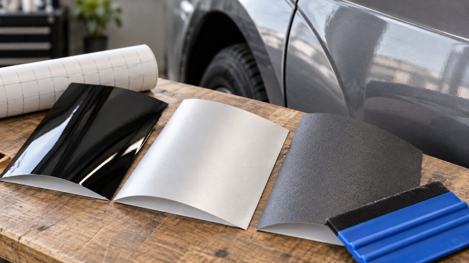 Illustration of decal-material samples beside a vehicle panel and squeegee.