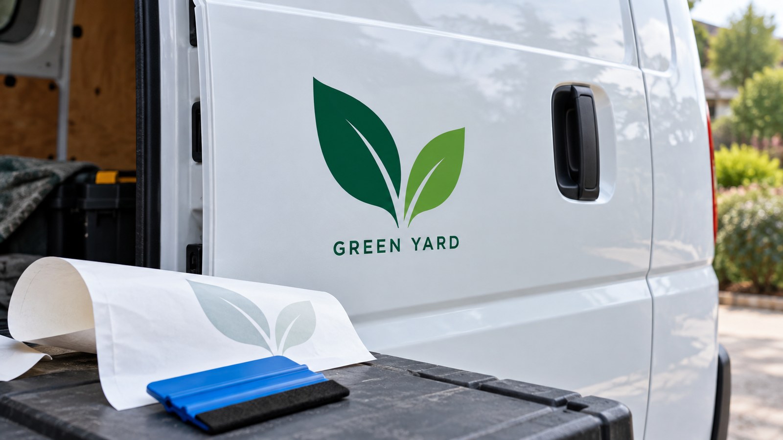 Illustration of a leaf decal on a van door beside vinyl backing paper.