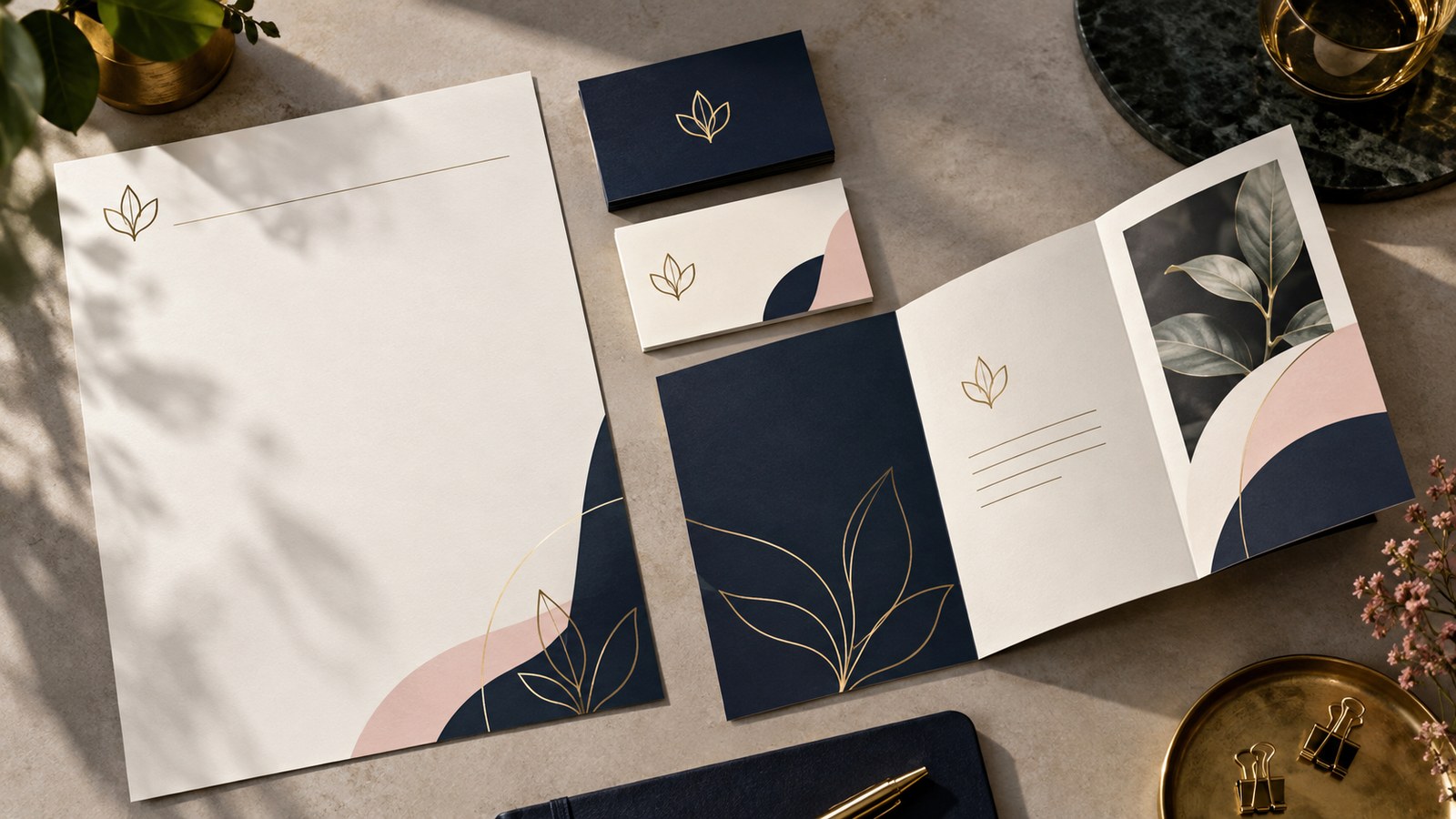 Illustration of coordinated letterhead, cards and folded leaflet.
