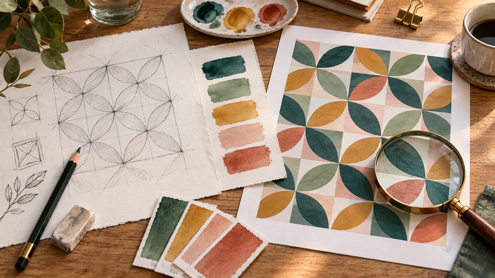 Illustration of a rough pattern sketch, colour swatches and finished proof.
