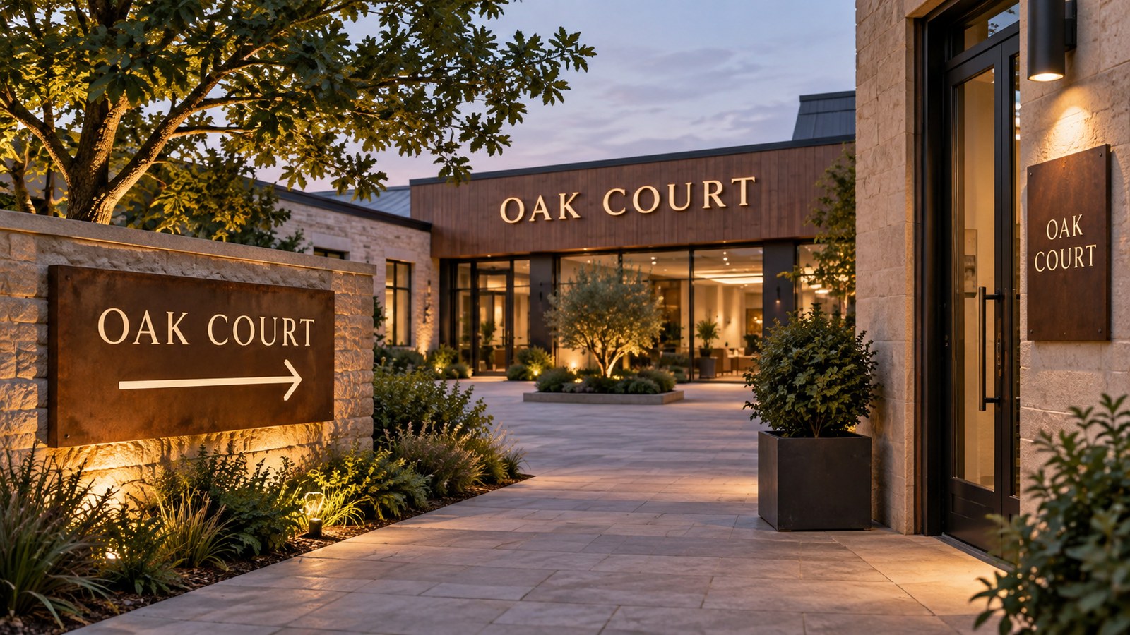Illustration of matching fascia, entrance and direction signs in a fictional courtyard.