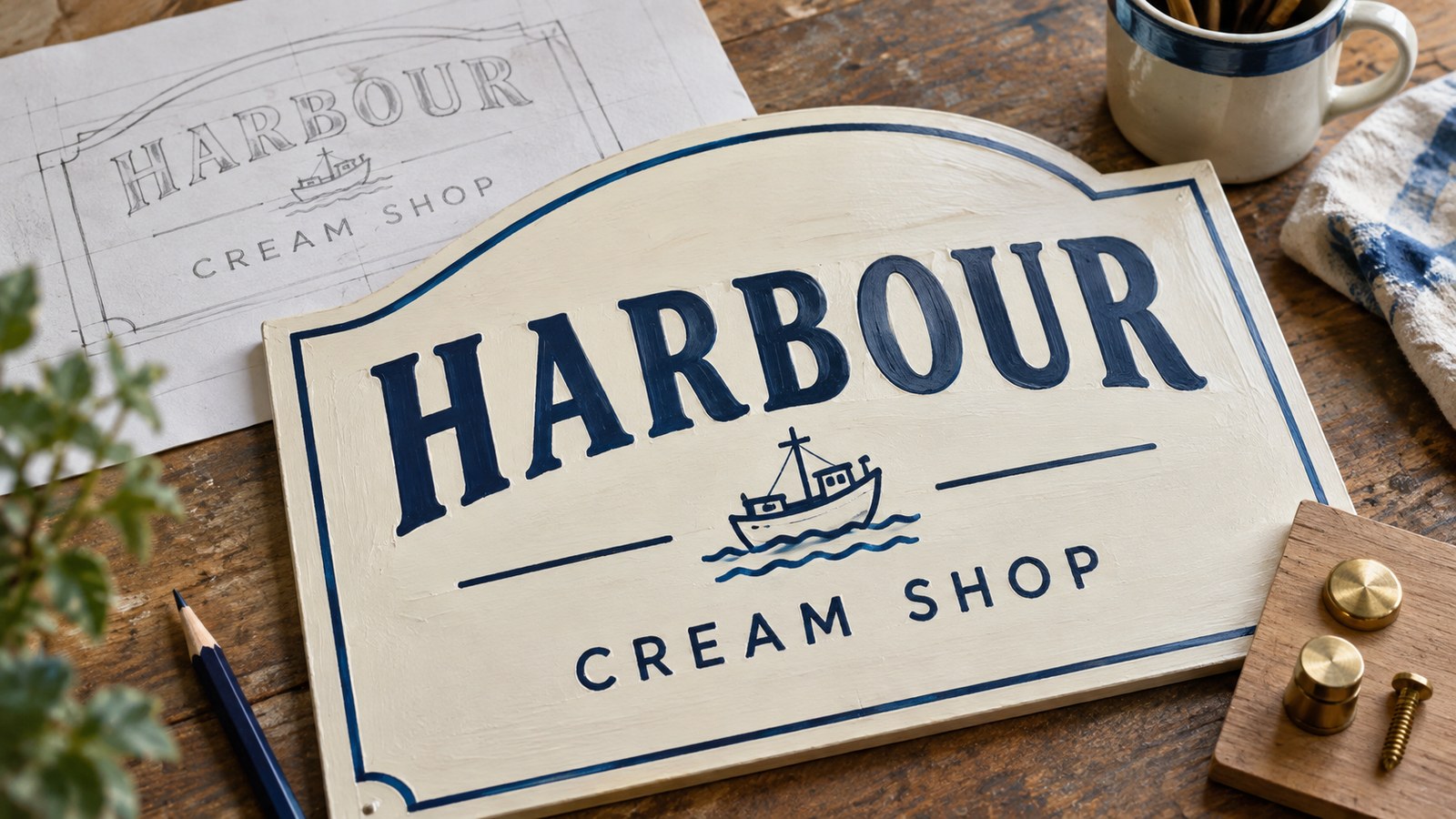 Illustration of a fictional shop-sign design beside its sketch.
