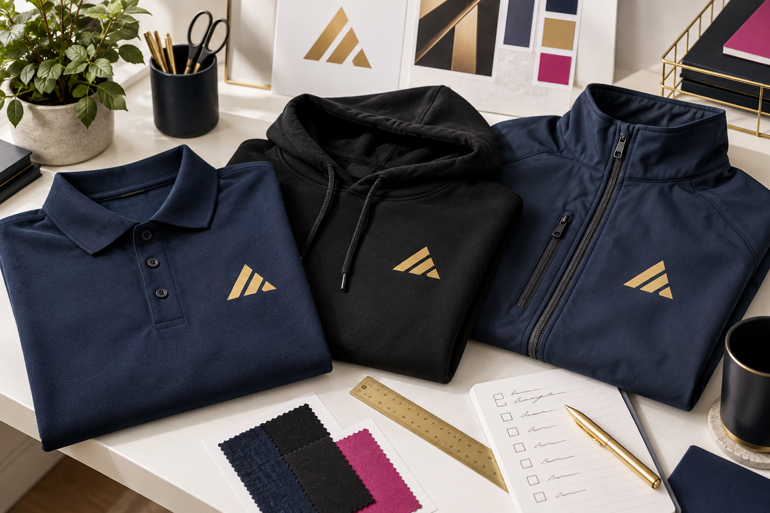 Illustrative navy polo, black hoodie and work jacket with matching printed geometric logos.