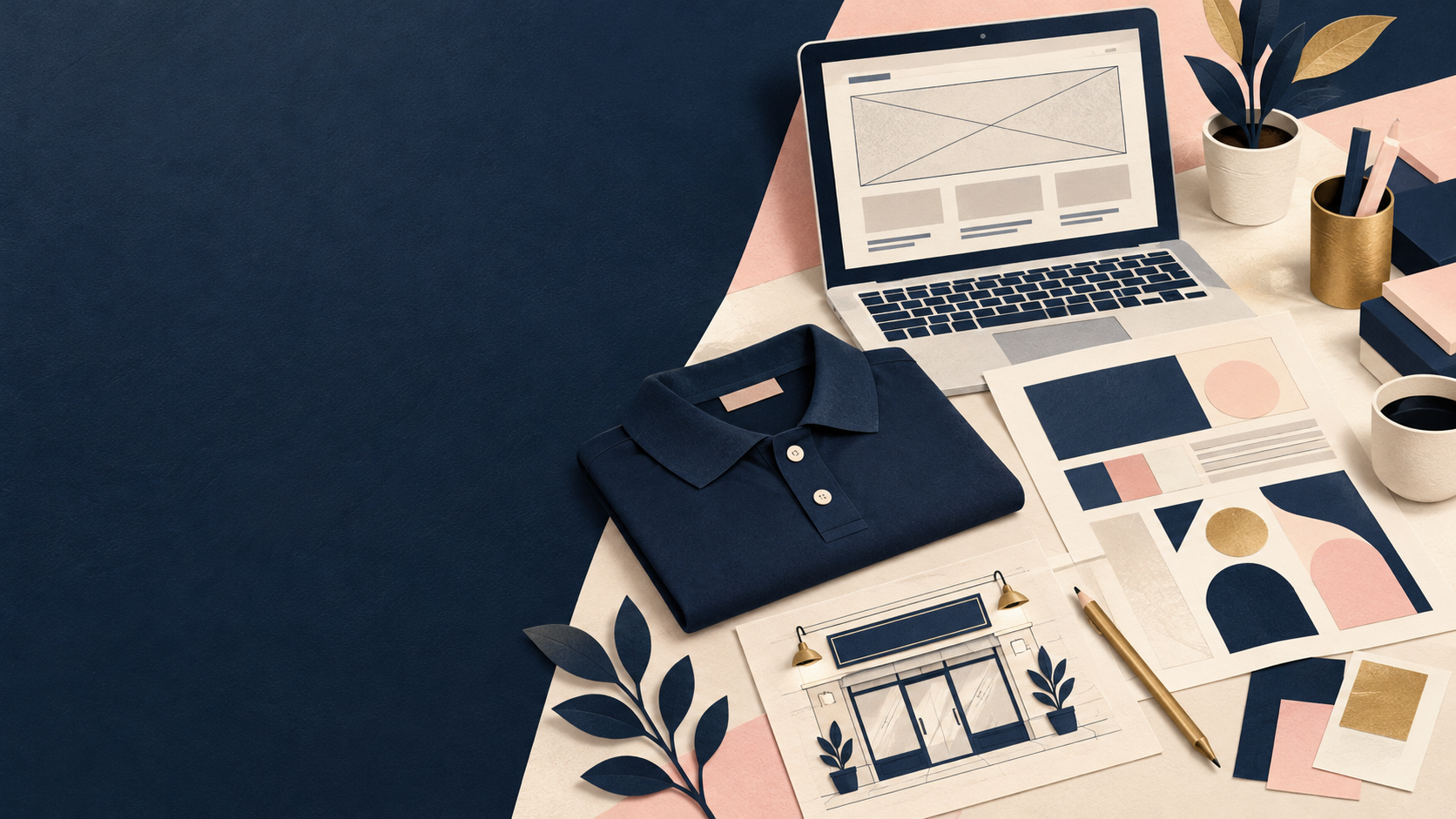 Illustrative planning desk bringing together website, signage, print and staff-clothing preparations.