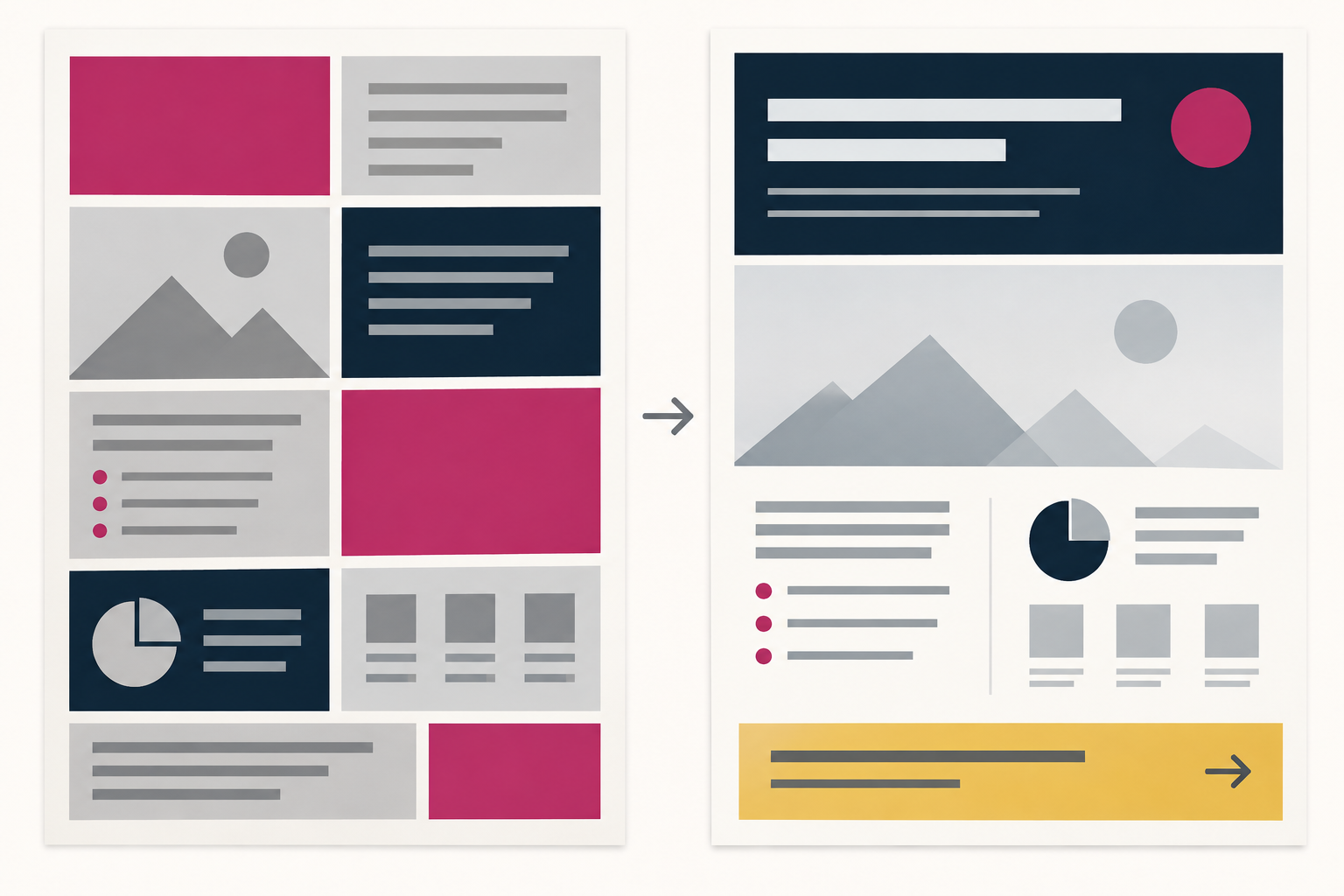 Illustrative poster layouts contrasting equal emphasis with a clearer heading, details and next action