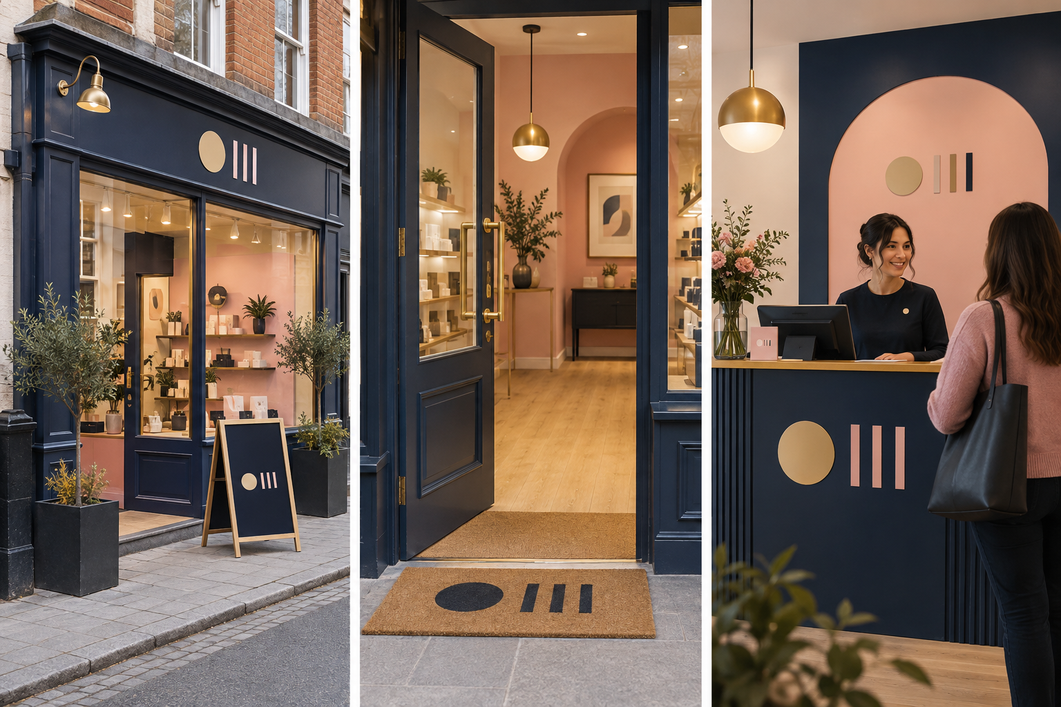 Illustrative sequence from shopfront to entrance and reception with a coordinated visual identity