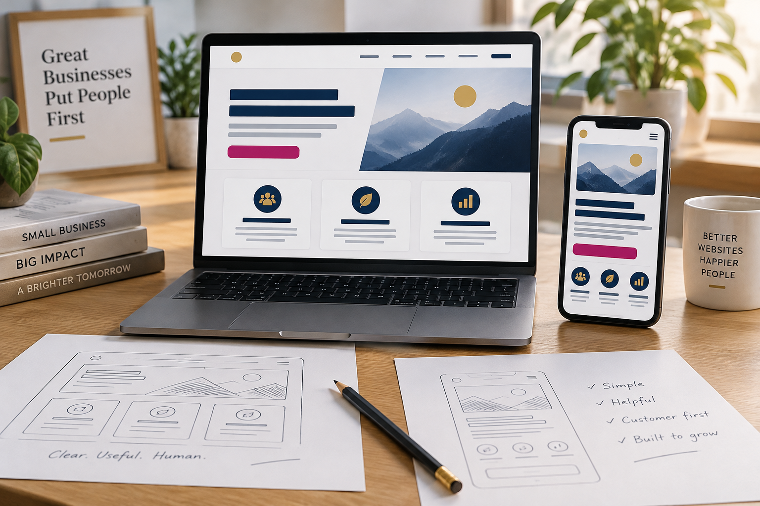 Illustrative desktop and mobile website layouts beside planning sketches.