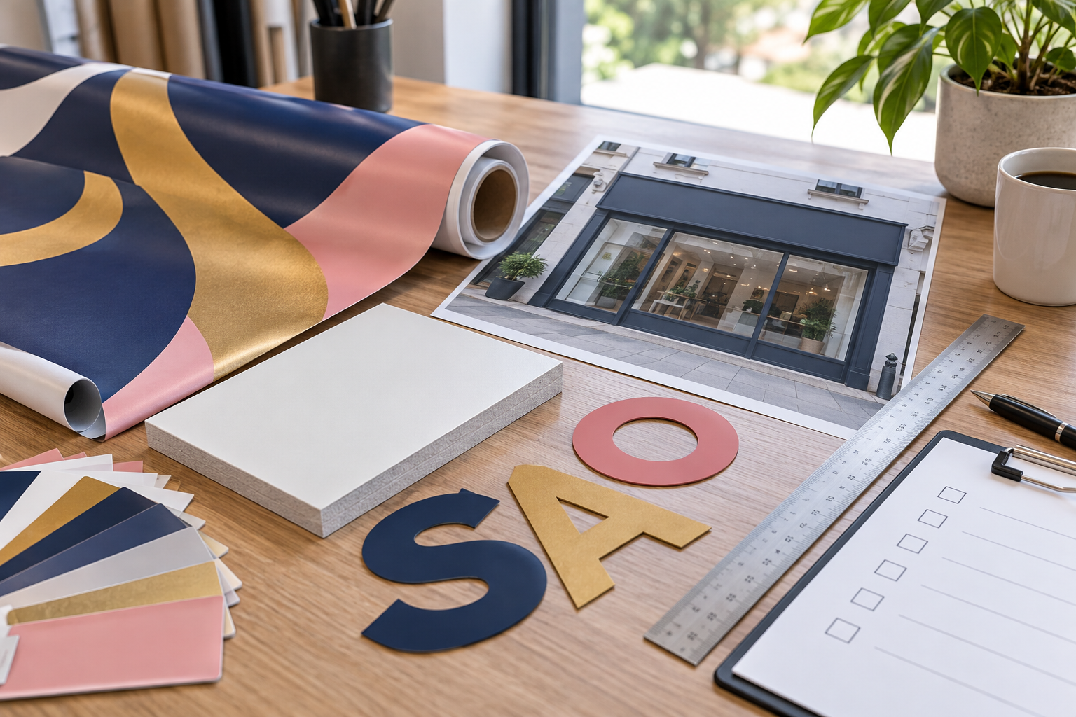 Illustrative signage planning table with location photograph, panel, vinyl and cut-letter samples