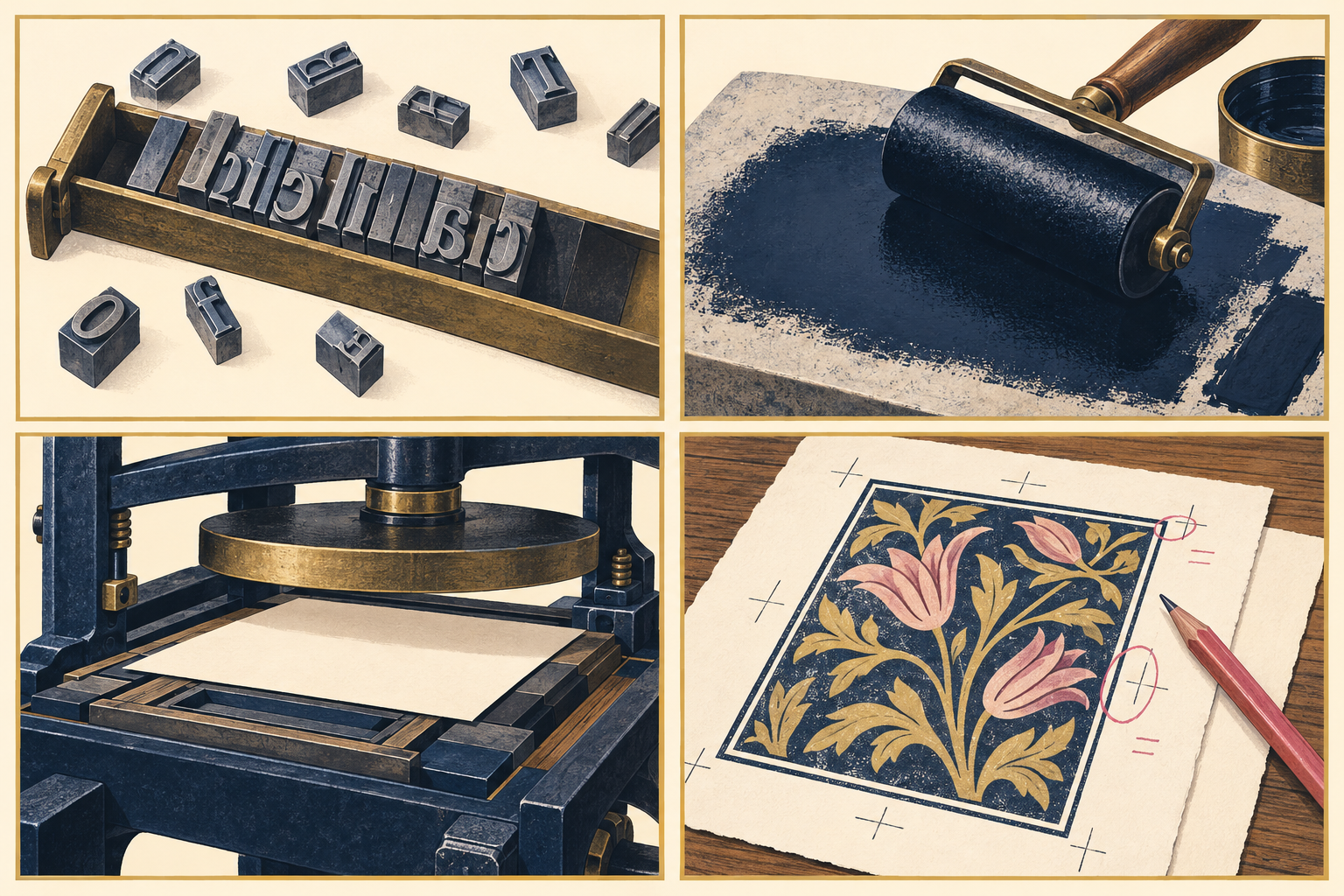 Original illustration of typesetting, inking, pressing and checking a printed design