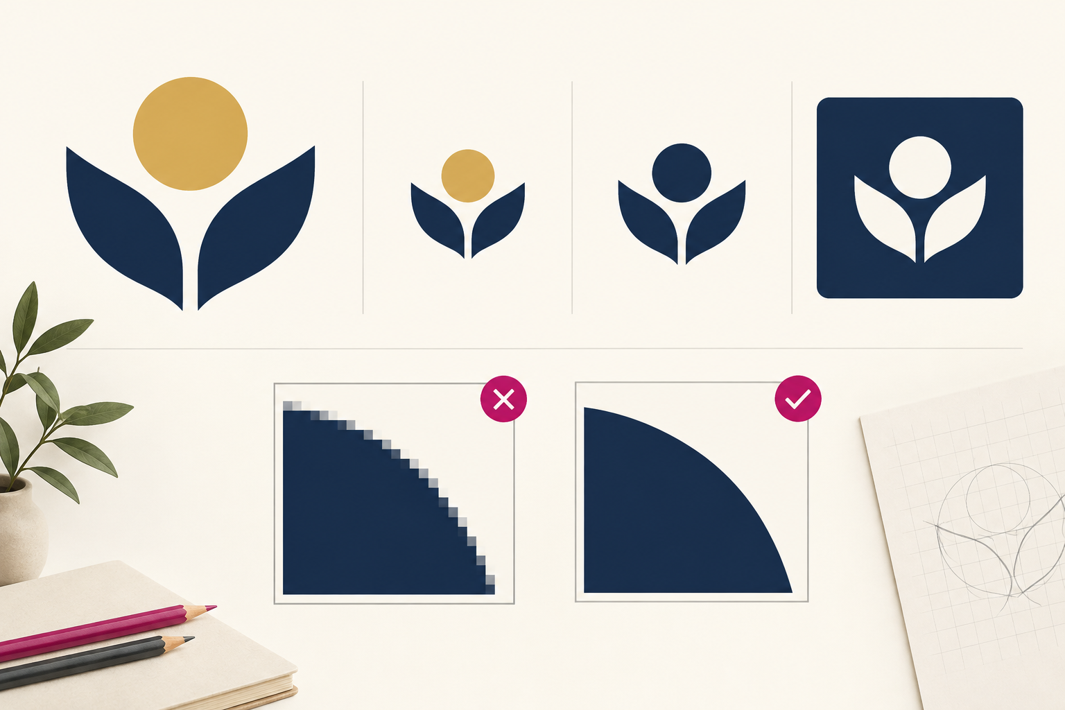 Illustrated logo variations and format examples on a design-planning sheet