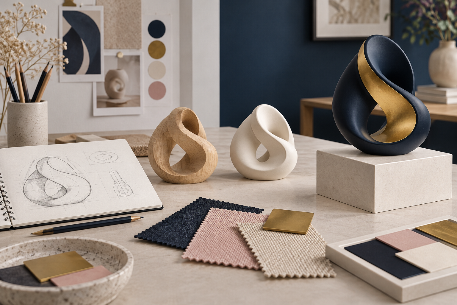 Original illustration of sketches, material samples and developing forms on a design table