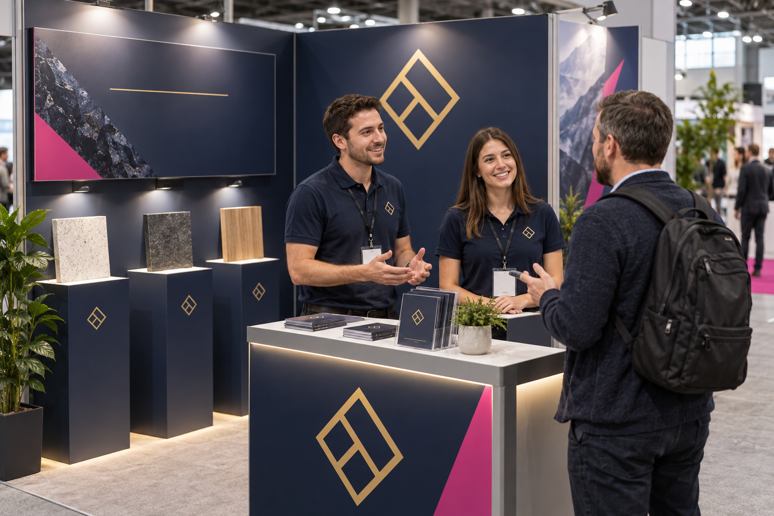Illustrative exhibition stand with staff, product samples and a place for visitor questions.