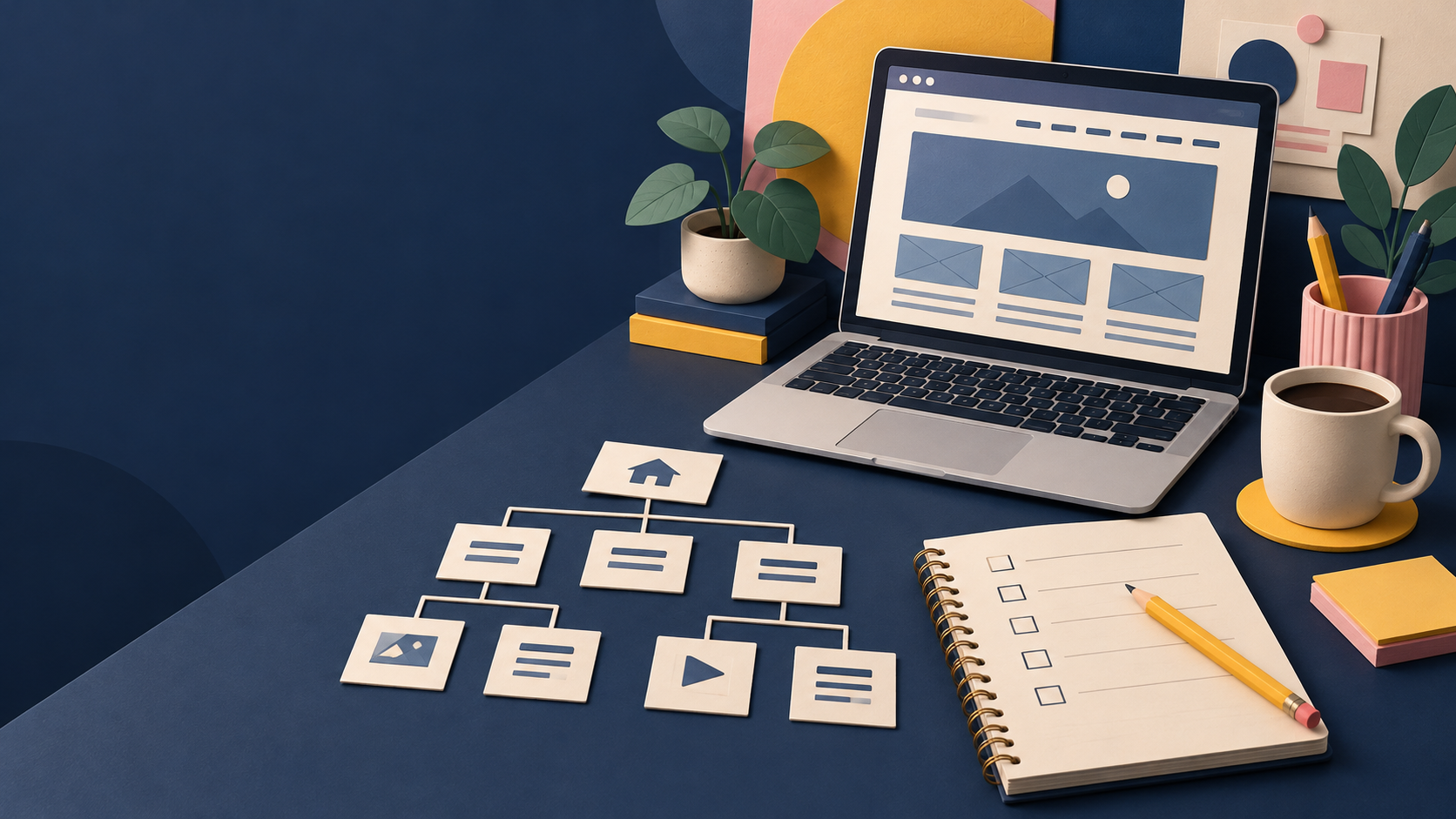 Illustrative website planning desk with a page outline, content checklist and laptop.