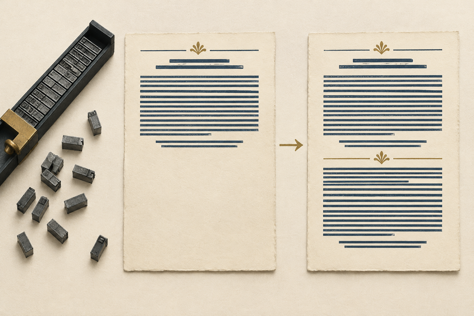 Explanatory illustration showing an upper section printed first, followed by a second impression completing the same sheet
