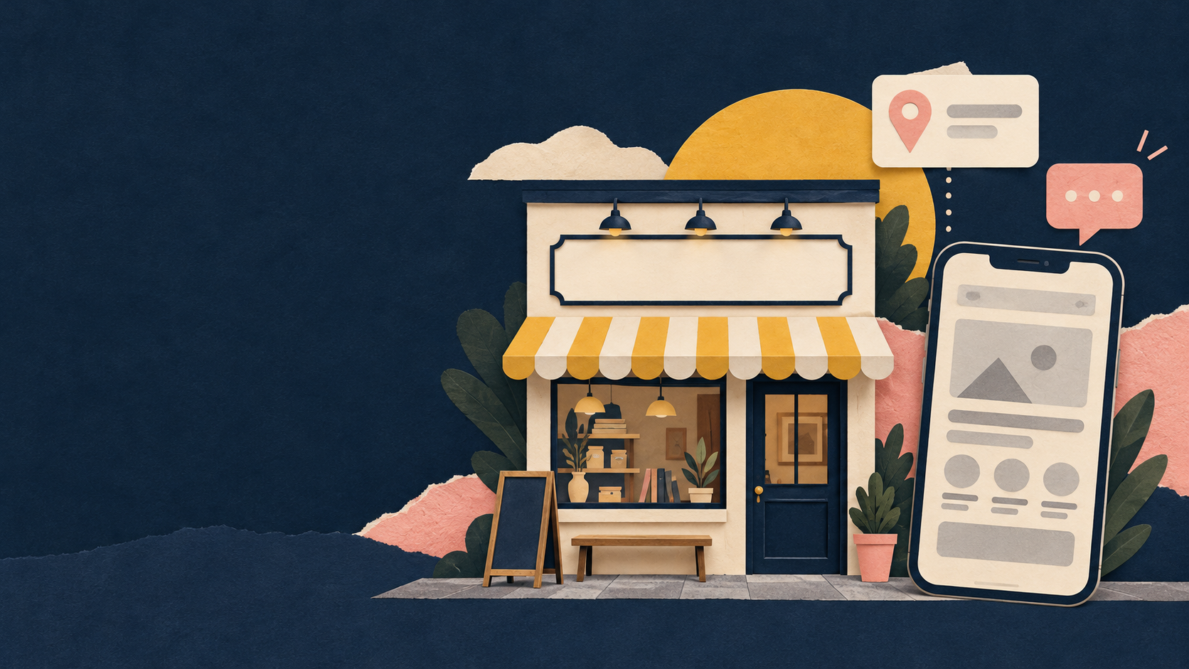 Illustration of a fictional local shop and matching mobile website.