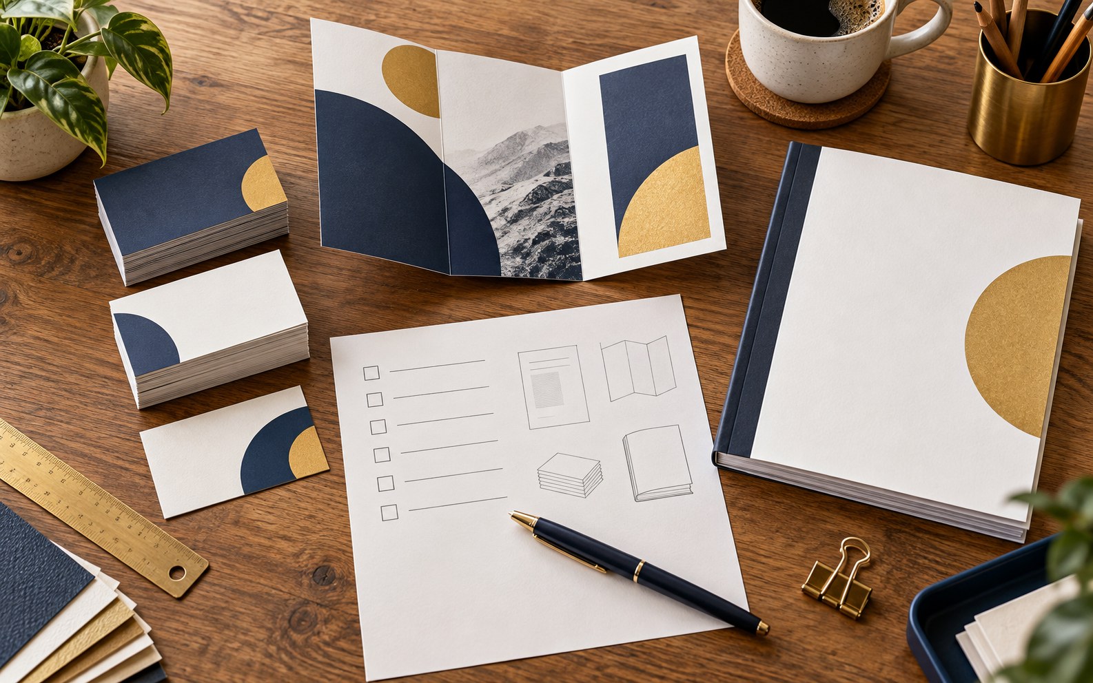 Editorial illustration of business cards, a folded leaflet, a bound document and an artwork checklist