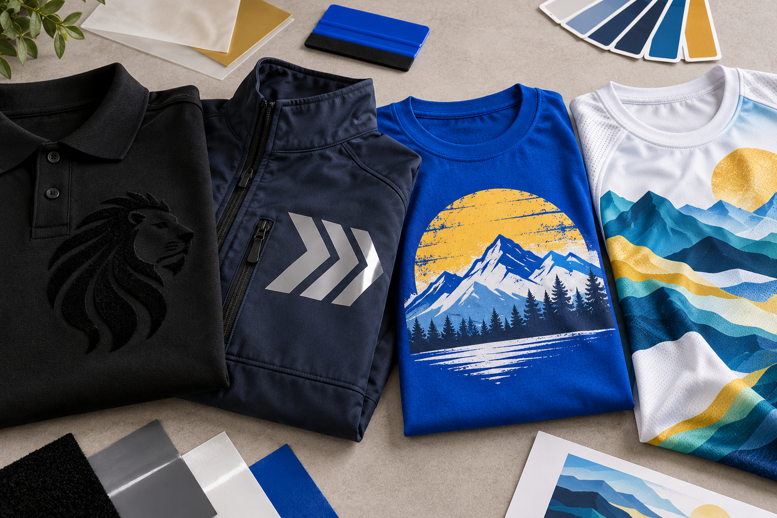 Navy polo shirt, hoodie and jacket arranged beside artwork colour samples