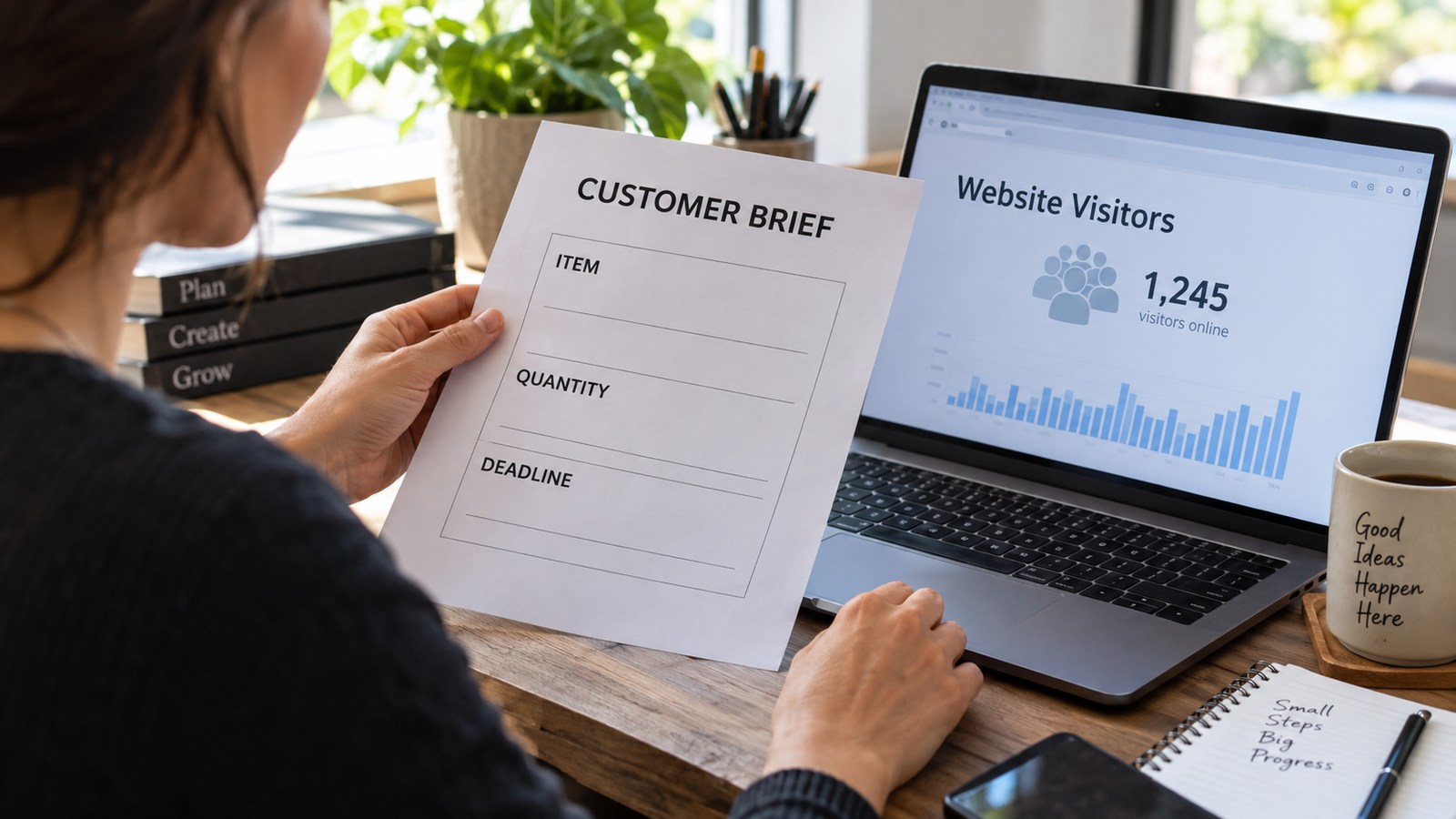 One business owner at a desk comparing a laptop showing an anonymous busy website visitor counter with a concrete paper customer brief in their hand
