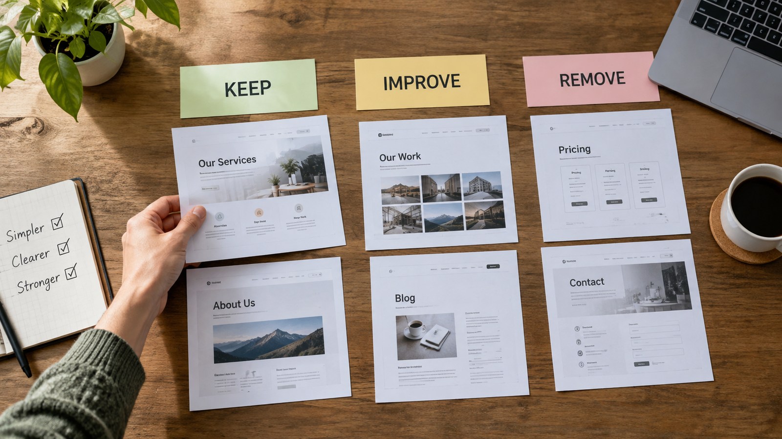 Website pages deliberately sorted into keep, improve and remove groups