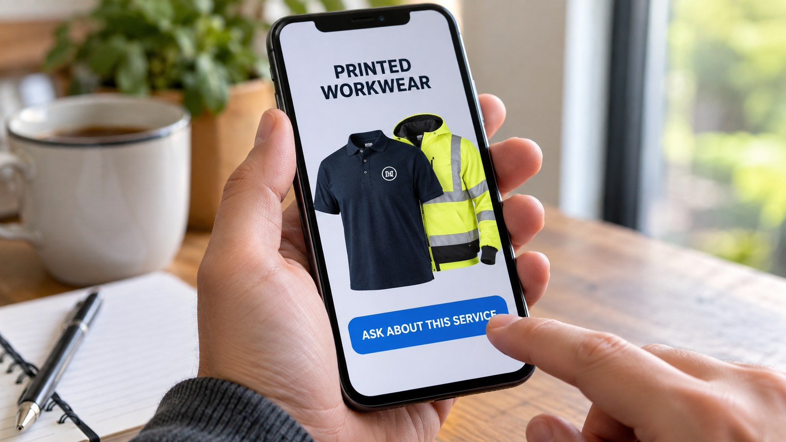 Close realistic smartphone held in hand showing a fictional small-business service page with one large obvious button 'ASK ABOUT THIS SERVICE', short clear heading 'PRINTED WORKWEAR' and garment image
