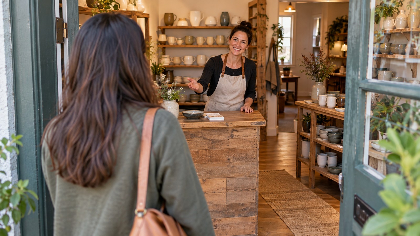 First-time visitor welcomed at the counter of a fictional ceramics shop
