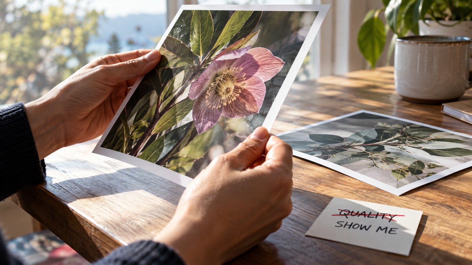 Person holding a physical print sample against light while another sample lies beside it, visible sharp printed botanical detail and neatly trimmed edge