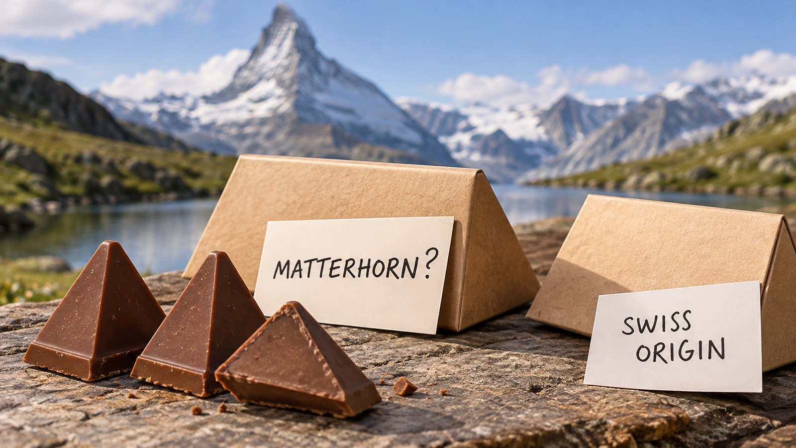 Plain triangular chocolate and packaging beside cards about the Matterhorn and Swiss origin