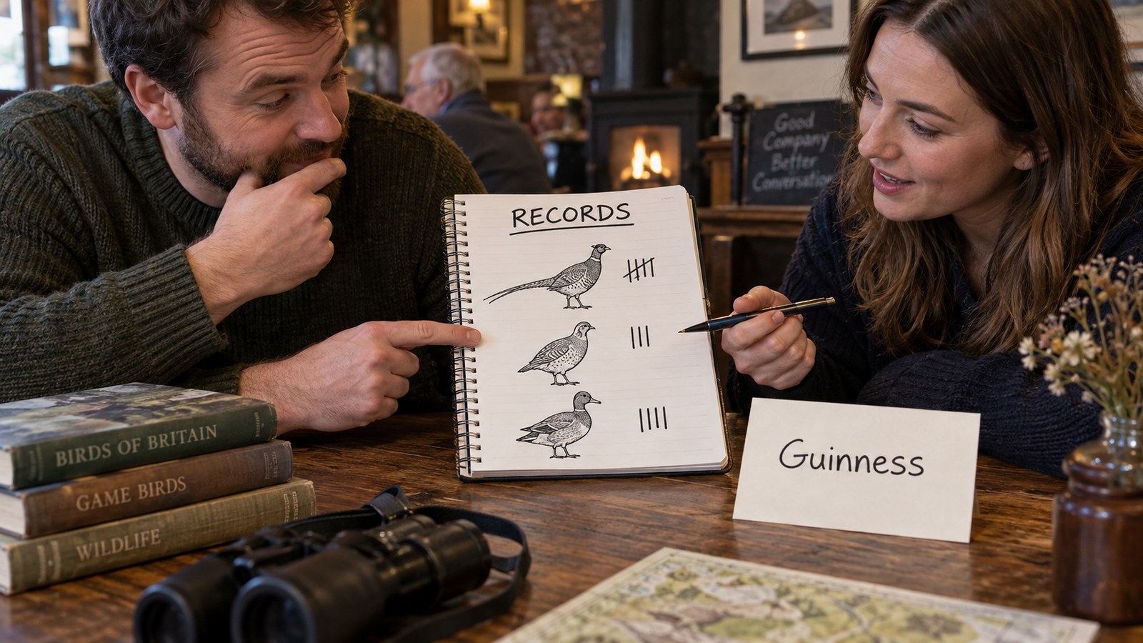 People comparing bird drawings and a records notebook in a pub concept