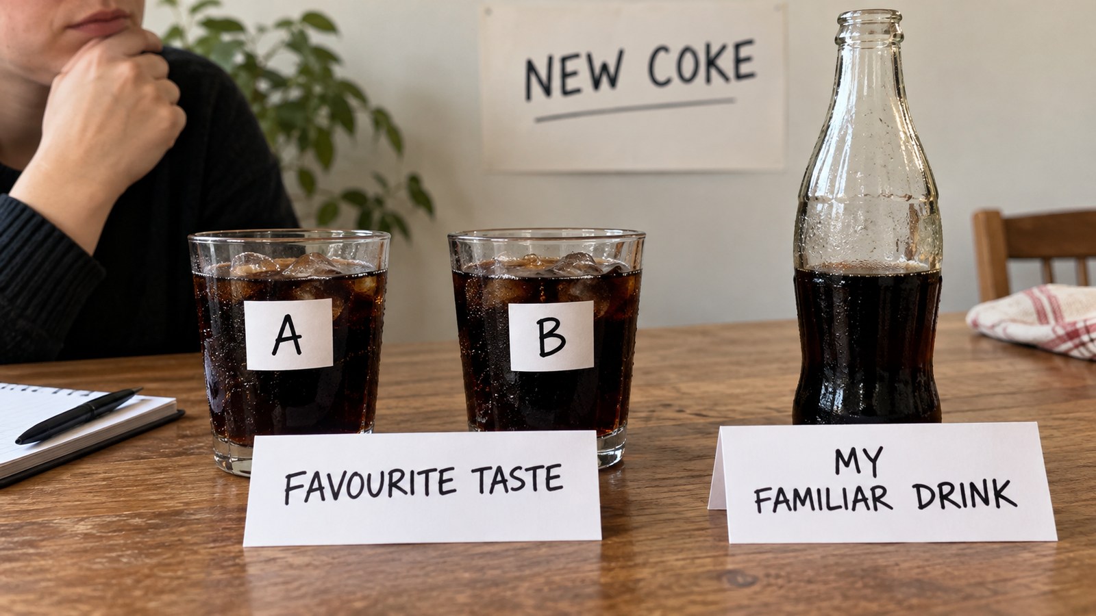 Illustrative cola taste samples marked A and B beside a familiar unbranded bottle.
