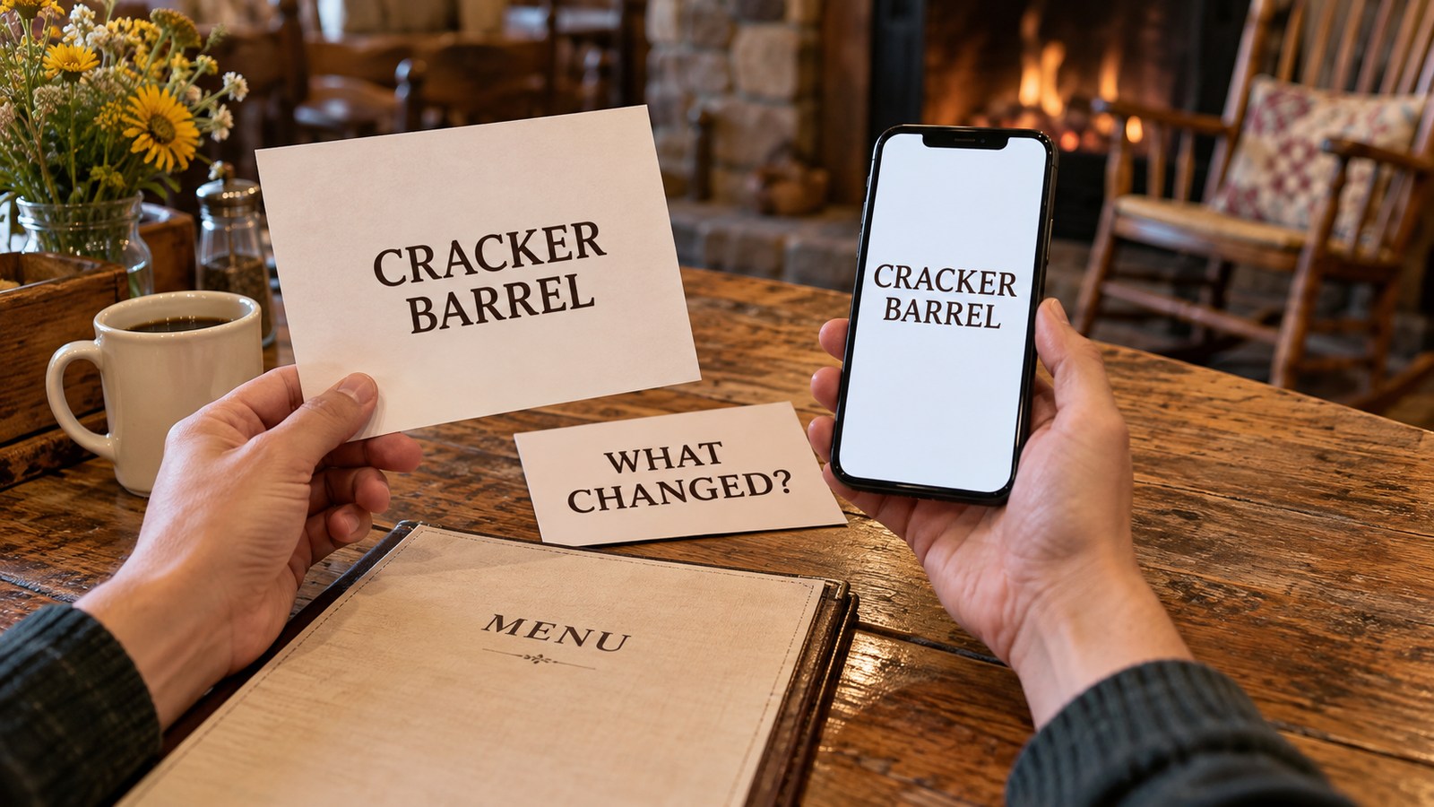 Cracker Barrel name cards and a menu in an original identity-debate concept