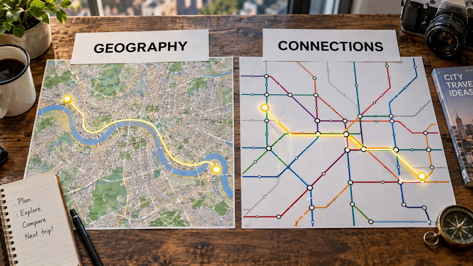Geographical and schematic generic maps comparing navigation approaches