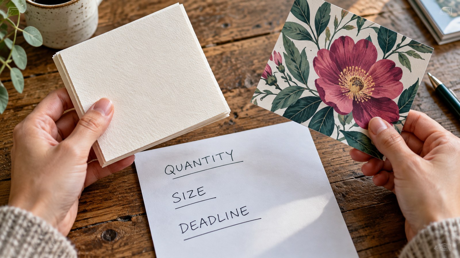 Hands comparing textured paper and a printed sample beside a quantity, size and deadline brief