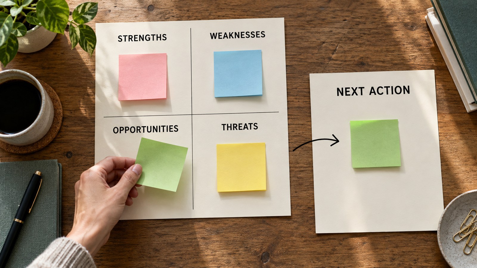 A SWOT planning sheet with a green note being moved towards a next action card