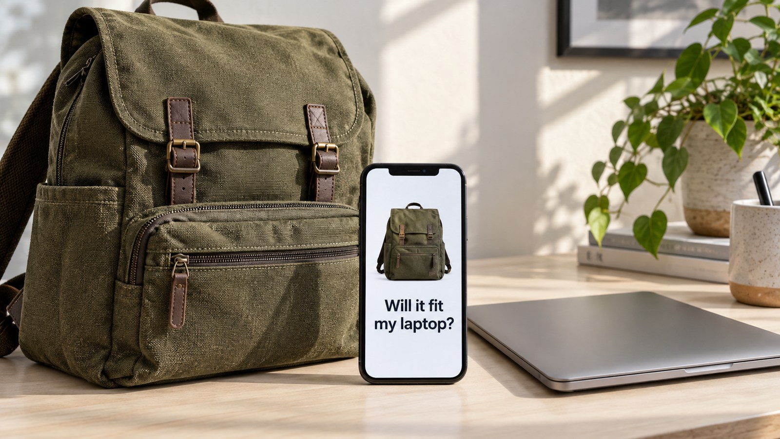 A backpack and laptop beside a phone asking whether the laptop will fit