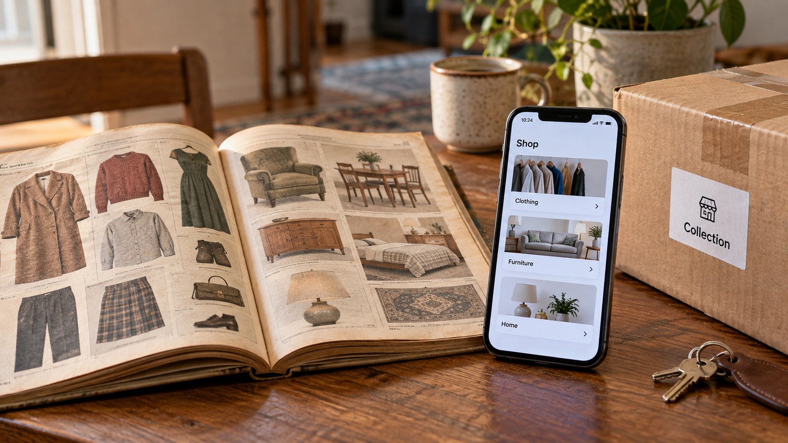 Mail-order catalogue beside a smartphone and collection parcel