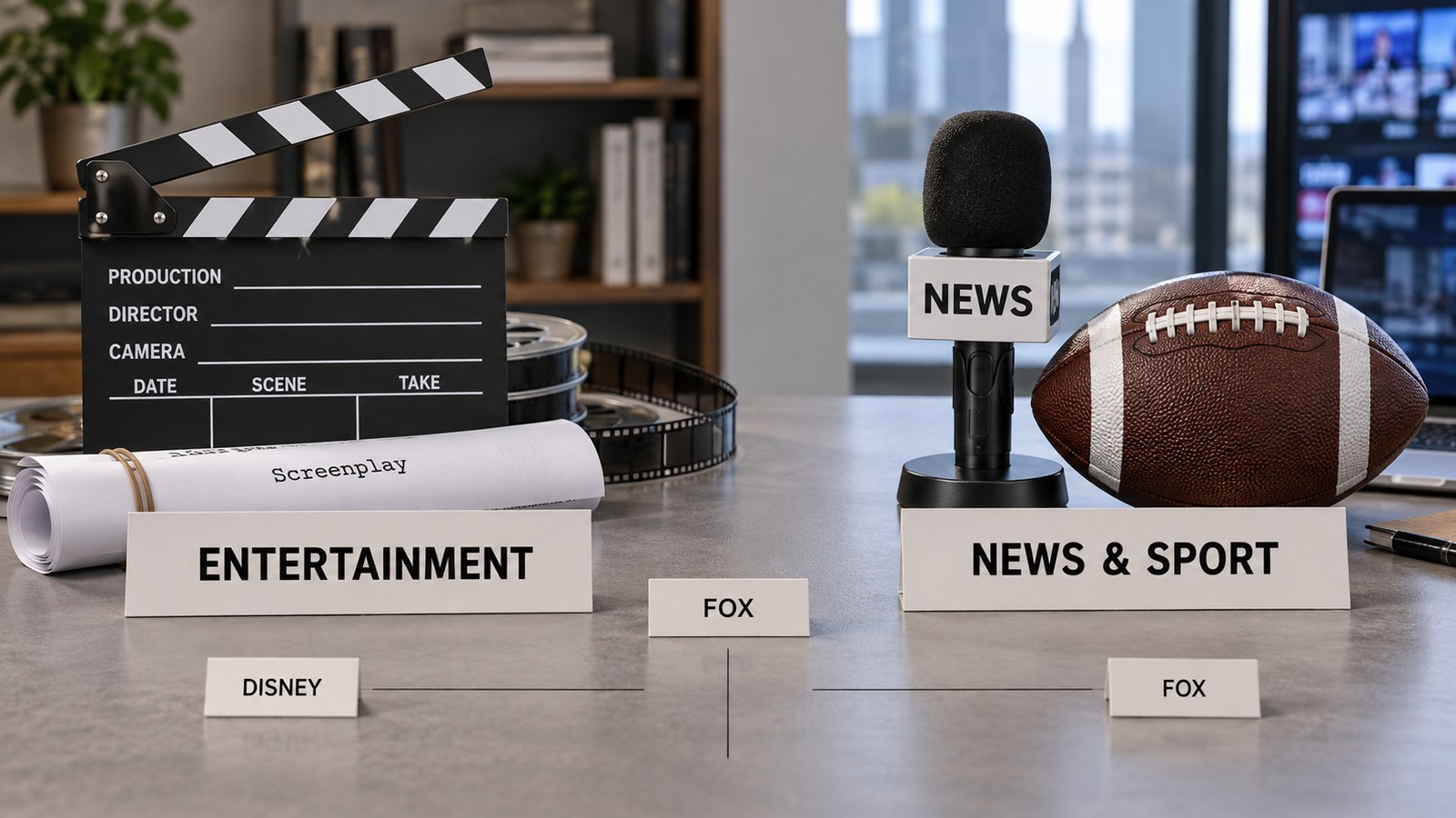 Original photographic-looking editorial tabletop arrangement: a central plain titlecard 'FOX' leads two physical groups