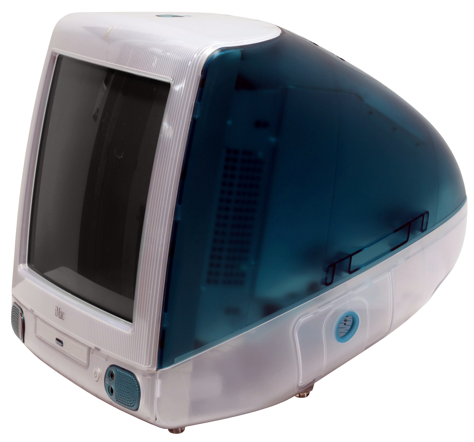 A translucent Bondi Blue iMac G3 in three-quarter view